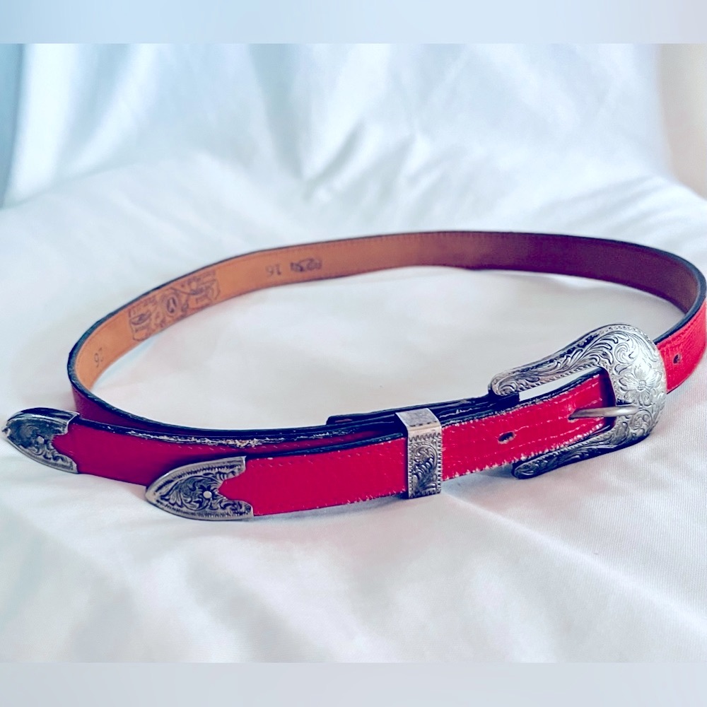 Vintage Red Snakeskin style leather belt hand made in Texas by Circle of Yoakum